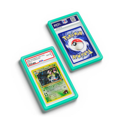 Top-down flat view of a PSA slab in Solid Mint Dragonscale bumper guard, featuring a Erika’s Venusaur Gym Heroes PSA 10 Pokemon card.