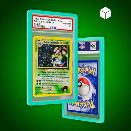 Front and back view of a PSA slab in Solid Mint Dragonscale bumper guard, featuring a Erika’s Venusaur Gym Heroes PSA 10 Pokemon card.
