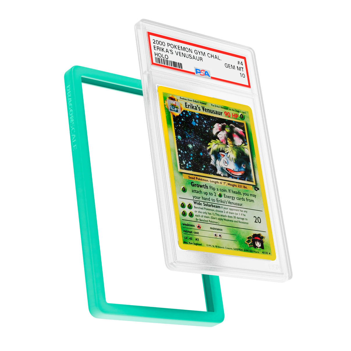 Display and demo view of a PSA slab in Solid Mint Dragonscale bumper guard, featuring a Erika’s Venusaur Gym Heroes PSA 10 Pokemon card.