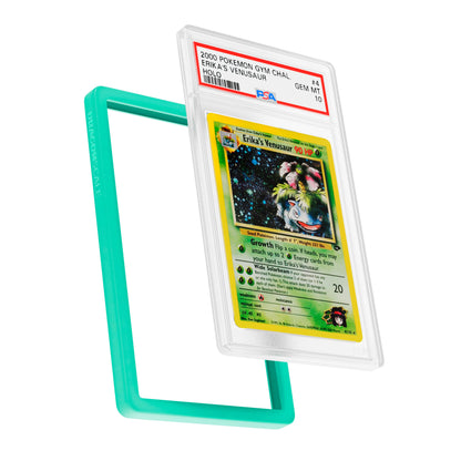 Display and demo view of a PSA slab in Solid Mint Dragonscale bumper guard, featuring a Erika’s Venusaur Gym Heroes PSA 10 Pokemon card.