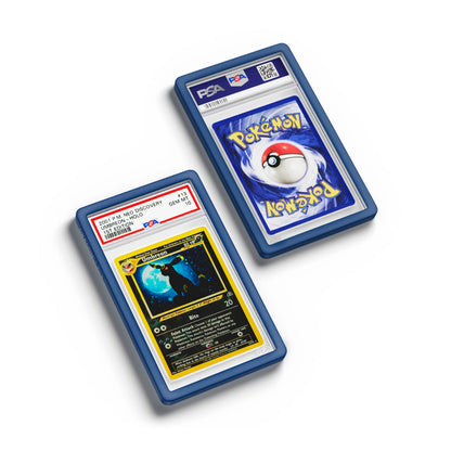 Top-down flat view of a PSA slab in Solid Navy Dragonscale bumper guard, featuring a Umbreon Neo Discovery PSA 10 Pokemon card.