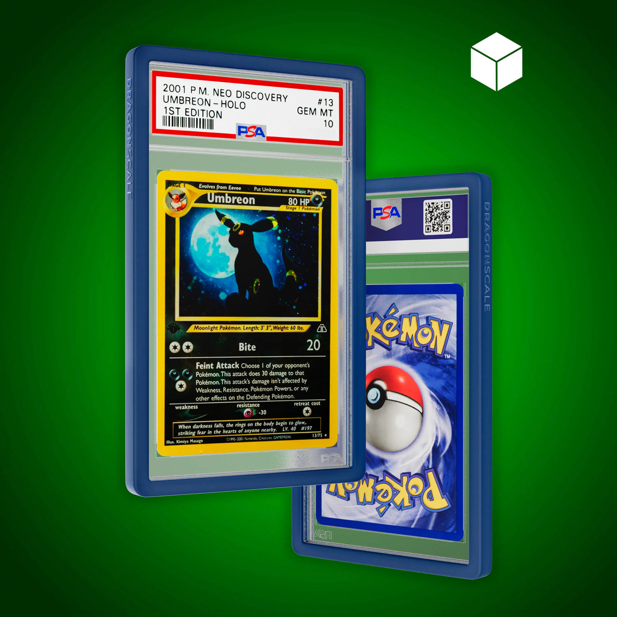 Front and back view of a PSA slab in Solid Navy Dragonscale bumper guard, featuring a Umbreon Neo Discovery PSA 10 Pokemon card.