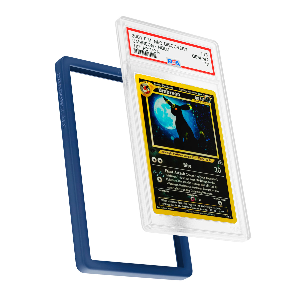 Display and demo view of a PSA slab in Solid Navy Dragonscale bumper guard, featuring a Umbreon Neo Discovery PSA 10 Pokemon card.