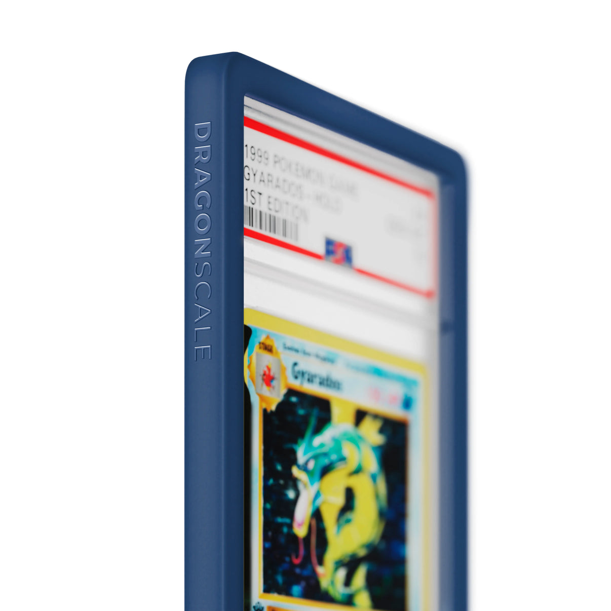 Close up logo zoom view of a PSA slab in Solid Navy Dragonscale bumper guard, featuring a Umbreon Neo Discovery PSA 10 Pokemon card.