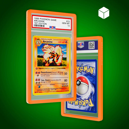 Front and back view of a PSA slab in Solid Orange Dragonscale bumper guard, featuring a Arcanine 1st Edition Base Set PSA 10 Pokemon card.
