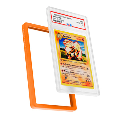 Display and demo view of a PSA slab in Solid Orange Dragonscale bumper guard, featuring a Arcanine 1st Edition Base Set PSA 10 Pokemon card.