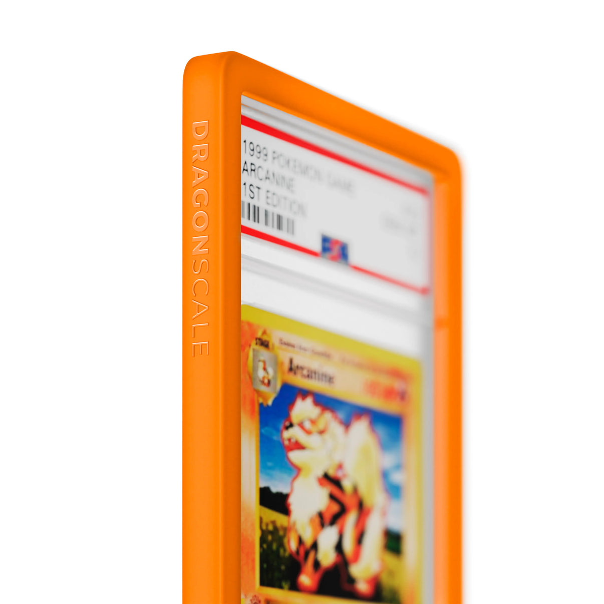 Close up logo zoom view of a PSA slab in Solid Orange Dragonscale bumper guard, featuring a Arcanine 1st Edition Base Set PSA 10 Pokemon card.