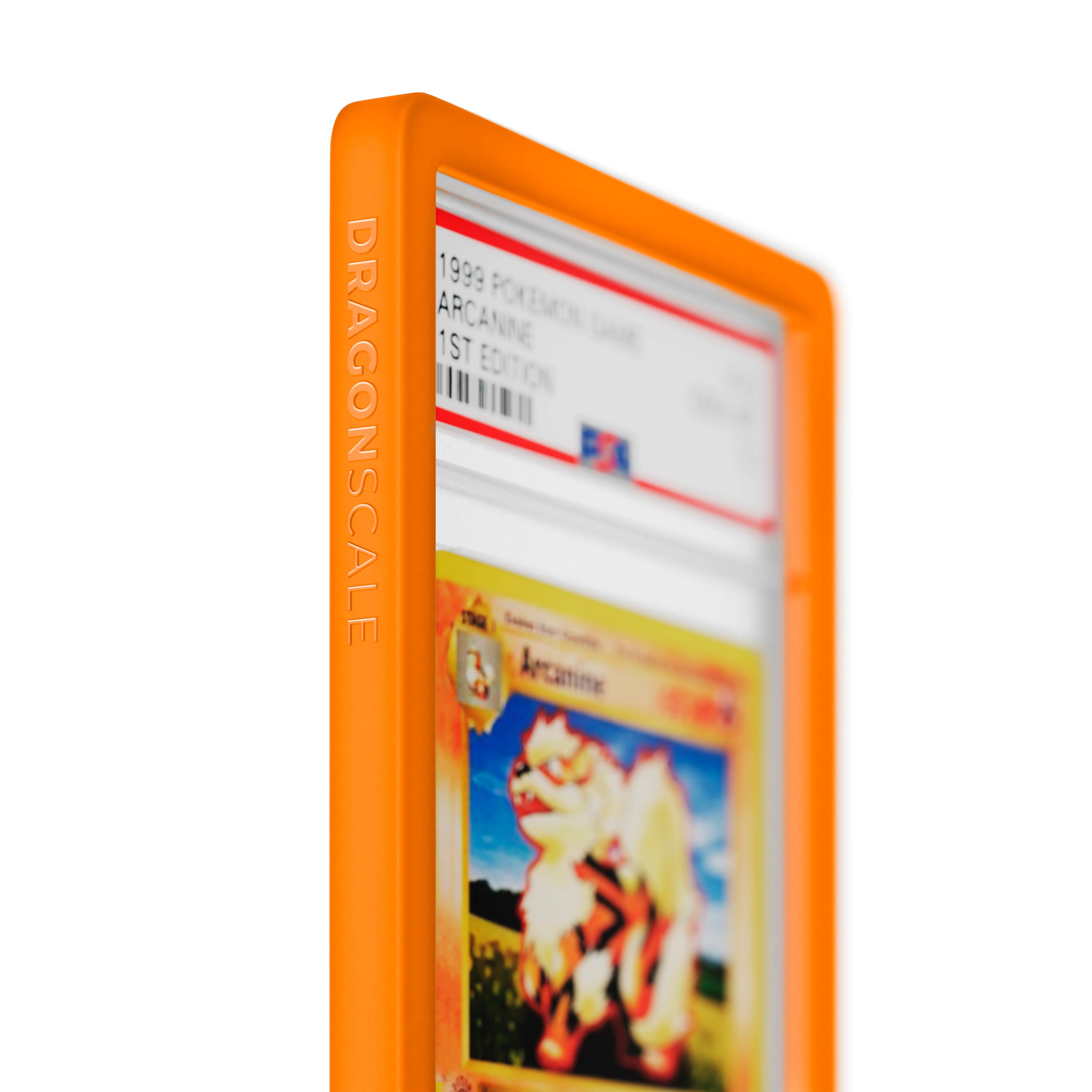 Close up logo zoom view of a PSA slab in Solid Orange Dragonscale bumper guard, featuring a Arcanine 1st Edition Base Set PSA 10 Pokemon card.