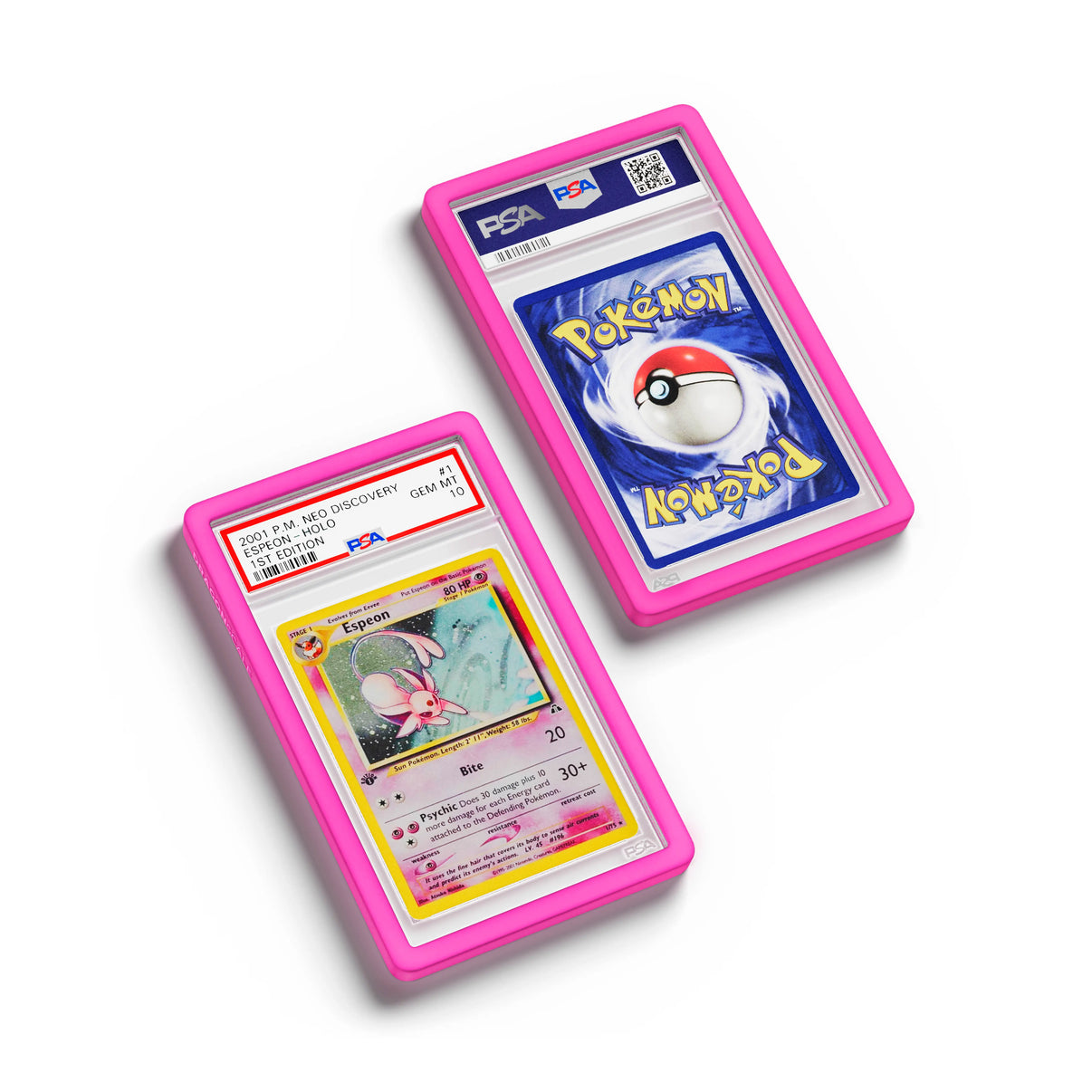 Top-down flat view of a PSA slab in Solid Pink Dragonscale bumper guard, featuring a Espeon Neo Genesis PSA 10 Pokemon card.