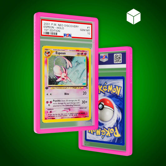 Front and back view of a PSA slab in Solid Pink Dragonscale bumper guard, featuring a Espeon Neo Genesis PSA 10 Pokemon card.