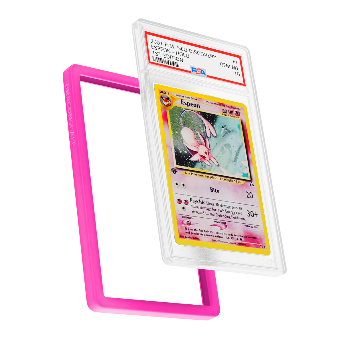 Display and demo view of a PSA slab in Solid Pink Dragonscale bumper guard, featuring a Espeon Neo Genesis PSA 10 Pokemon card.