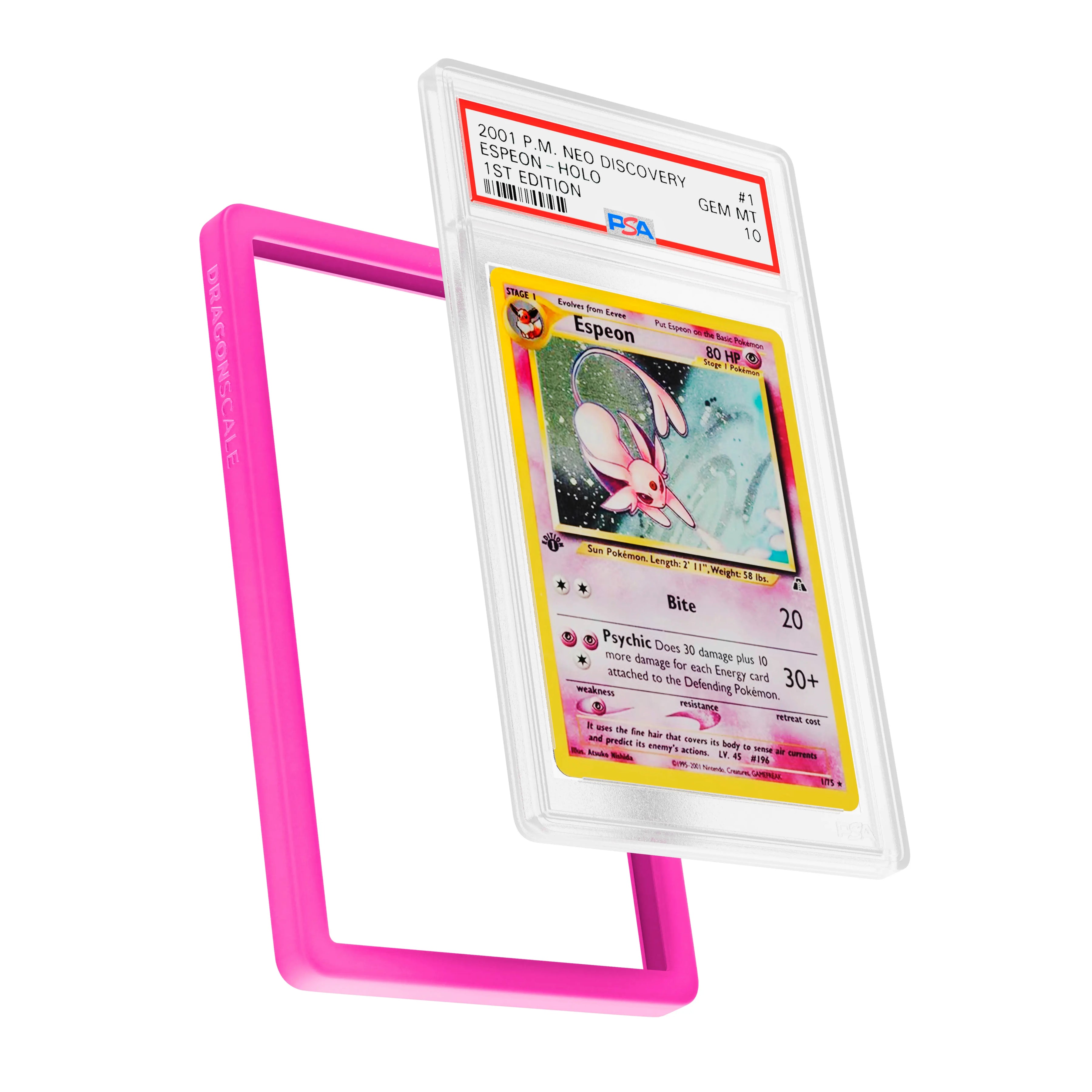 Display and demo view of a PSA slab in Solid Pink Dragonscale bumper guard, featuring a Espeon Neo Genesis PSA 10 Pokemon card.