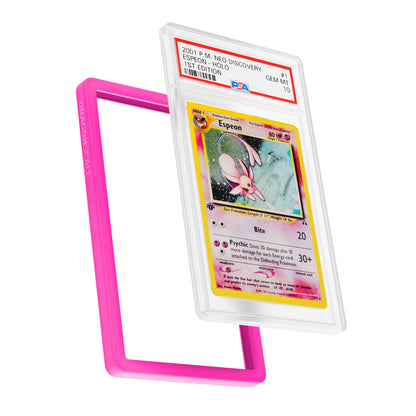 Display and demo view of a PSA slab in Solid Pink Dragonscale bumper guard, featuring a Espeon Neo Genesis PSA 10 Pokemon card.