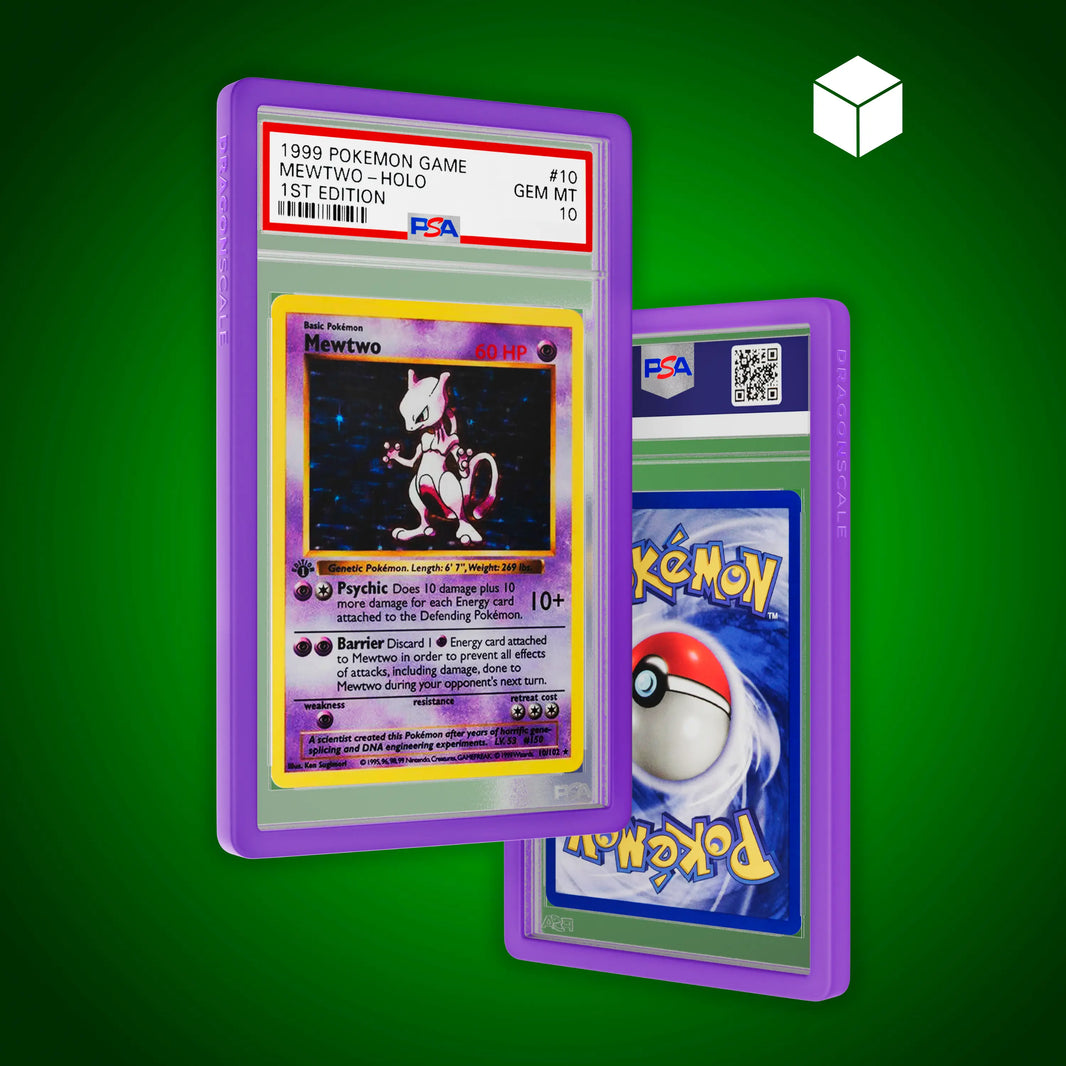 Front and back view of a PSA slab in Solid Purple Dragonscale bumper guard, featuring a Mewtwo 1st Edition Base Set PSA 10 Pokemon card.