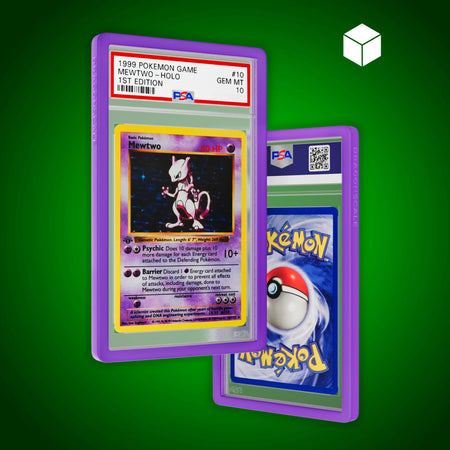 Front and back view of a PSA slab in Solid Purple Dragonscale bumper guard, featuring a Mewtwo 1st Edition Base Set PSA 10 Pokemon card.