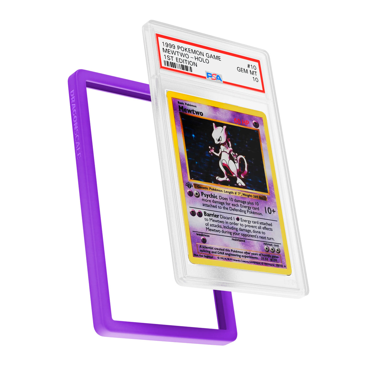 Display and demo view of a PSA slab in Solid Purple Dragonscale bumper guard, featuring a Mewtwo 1st Edition Base Set PSA 10 Pokemon card.