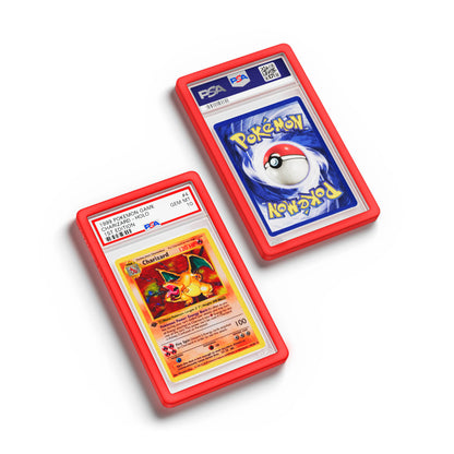 Top-down flat view of a PSA slab in Solid Red Dragonscale bumper guard, featuring a Charizard 1st Edition Base Set PSA 10 Pokemon card.