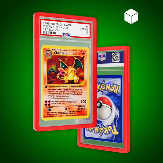 Front and back view of a PSA slab in Solid Red Dragonscale bumper guard, featuring a Charizard 1st Edition Base Set PSA 10 Pokemon card.