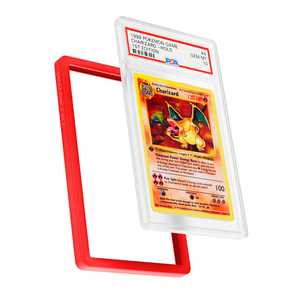 Display and demo view of a PSA slab in Solid Red Dragonscale bumper guard, featuring a Charizard 1st Edition Base Set PSA 10 Pokemon card.