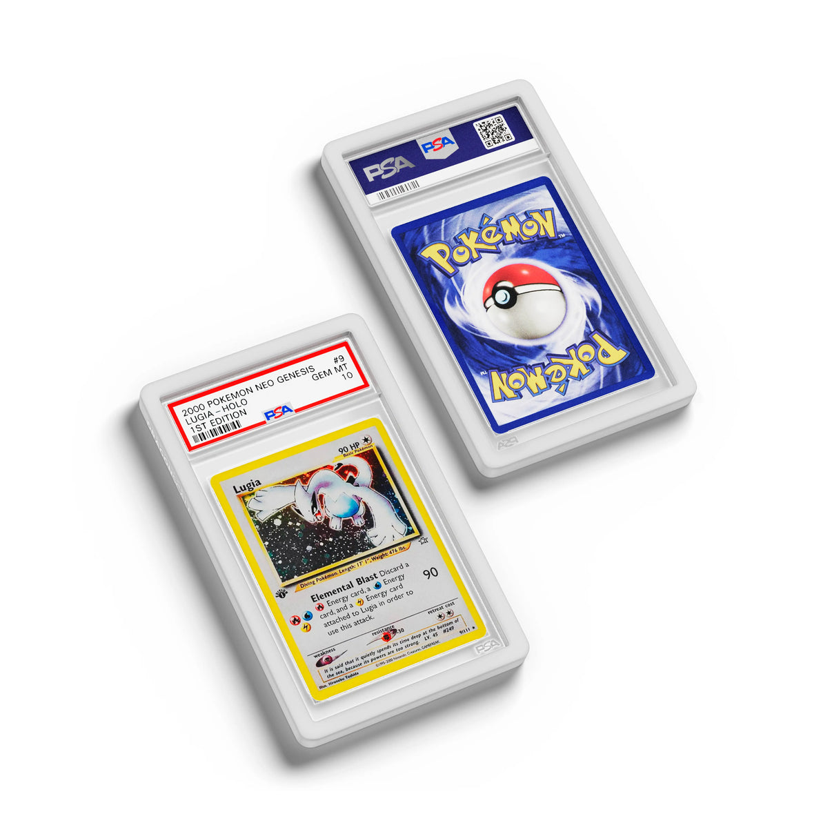 Top-down flat view of a PSA slab in Solid White Dragonscale bumper guard, featuring a Lugia Neo Genesis PSA 10 Pokemon card.