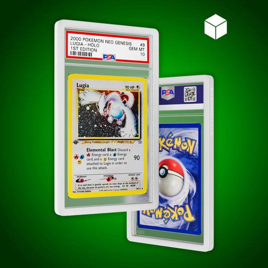 Front and back view of a PSA slab in Solid White Dragonscale bumper guard, featuring a Lugia Neo Genesis PSA 10 Pokemon card.