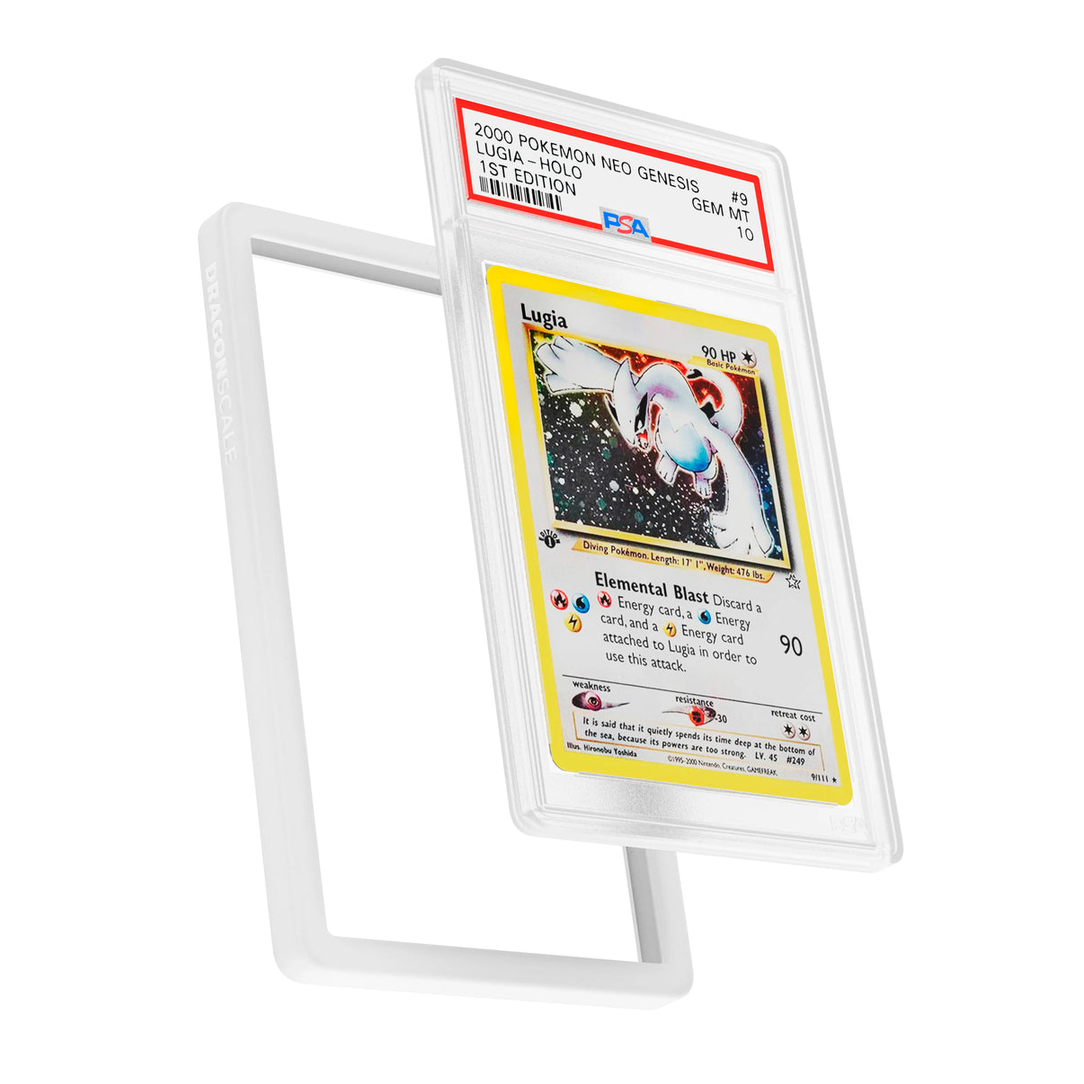 Display and demo view of a PSA slab in Solid White Dragonscale bumper guard, featuring a Lugia Neo Genesis PSA 10 Pokemon card.