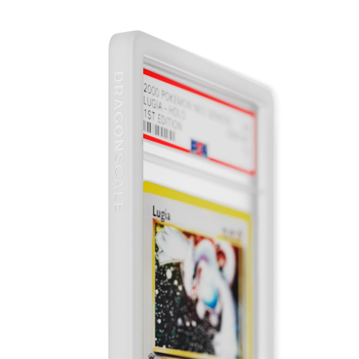 Close up logo zoom view of a PSA slab in Solid White Dragonscale bumper guard, featuring a Lugia Neo Genesis PSA 10 Pokemon card.