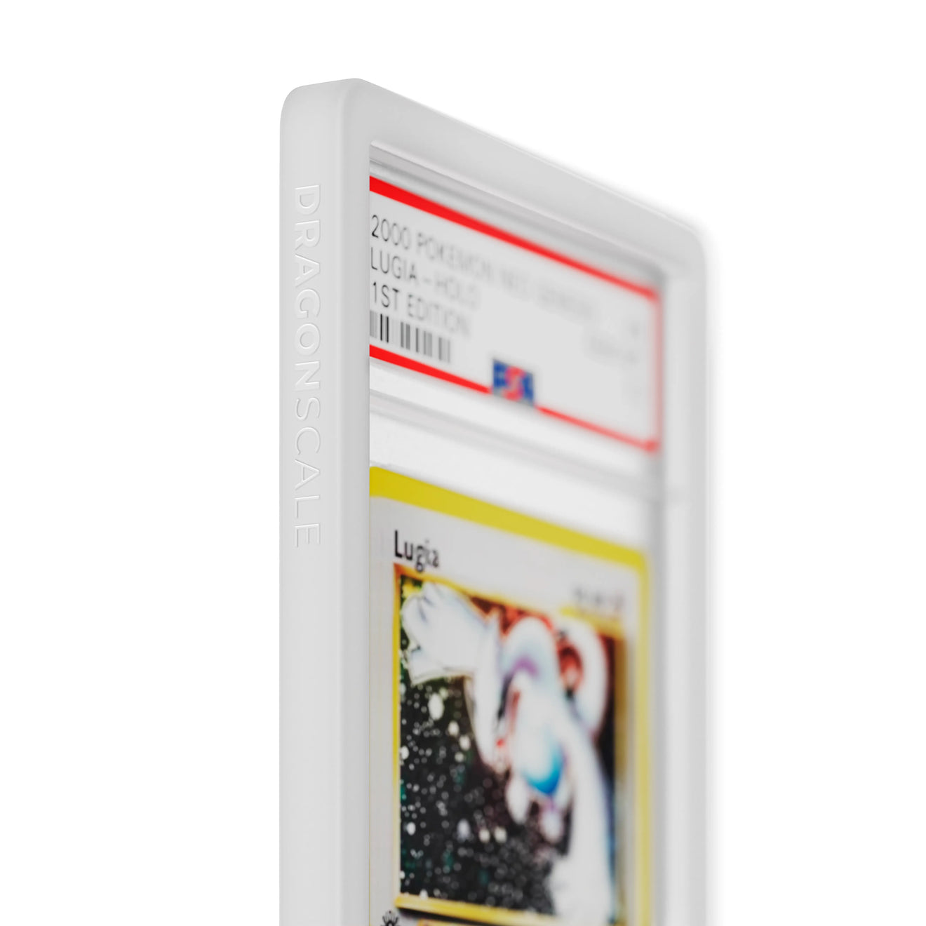Close up logo zoom view of a PSA slab in Solid White Dragonscale bumper guard, featuring a Lugia Neo Genesis PSA 10 Pokemon card.