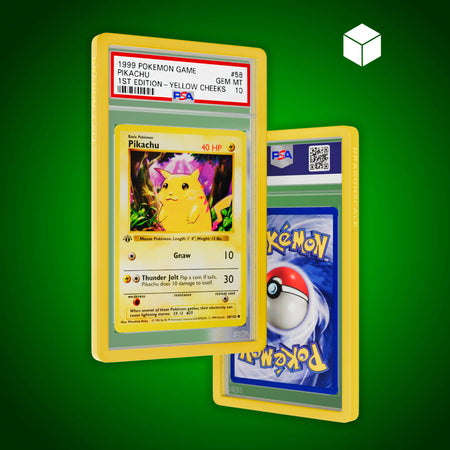 Front and back view of a PSA slab in Solid Yellow Dragonscale bumper guard, featuring a Pikachu 1st Edition Base Set PSA 10 Pokemon card.