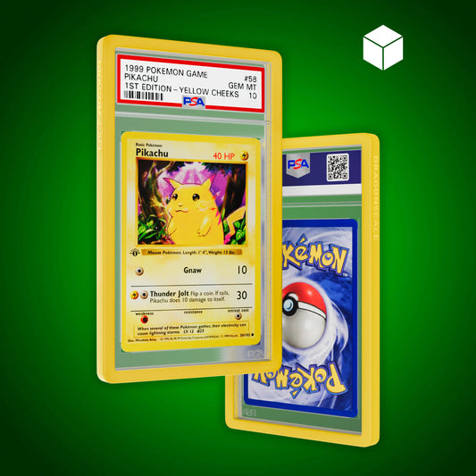 Front and back view of a PSA slab in Solid Yellow Dragonscale bumper guard, featuring a Pikachu 1st Edition Base Set PSA 10 Pokemon card.