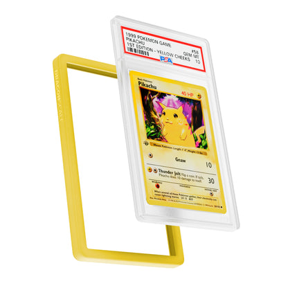 Display and demo view of a PSA slab in Solid Yellow Dragonscale bumper guard, featuring a Pikachu 1st Edition Base Set PSA 10 Pokemon card.