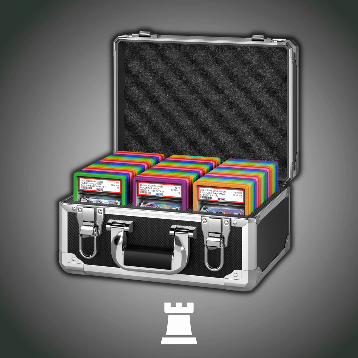 Open view of the Dragonscale Sentinel XL-99 Heavy duty metal slab case in  carbon steel, holding 69 PSA slabs with Dragonscale guards
