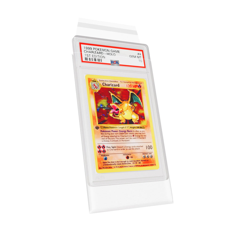 Full demonstration of a 1st Edition Base Set Charizard PSA 10 slab fully inserted into a clear Dragonscale PSA slab sleeve protector.