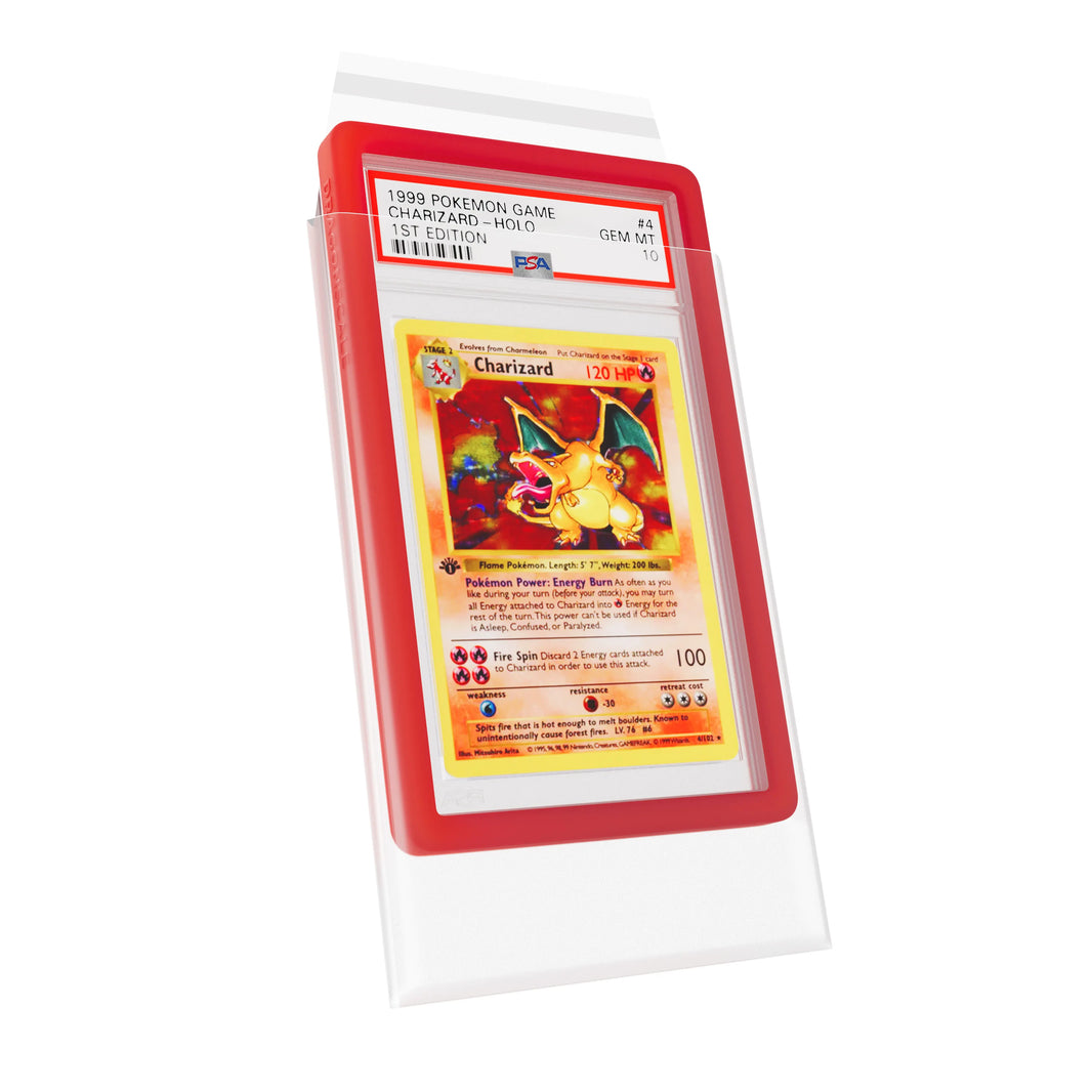 Full demonstration of a 1st Edition Base Set Charizard PSA 10 slab with red Dragonscale bumper fully inserted into a clear Dragonscale PSA Guard (GPSA) slab sleeve protector.