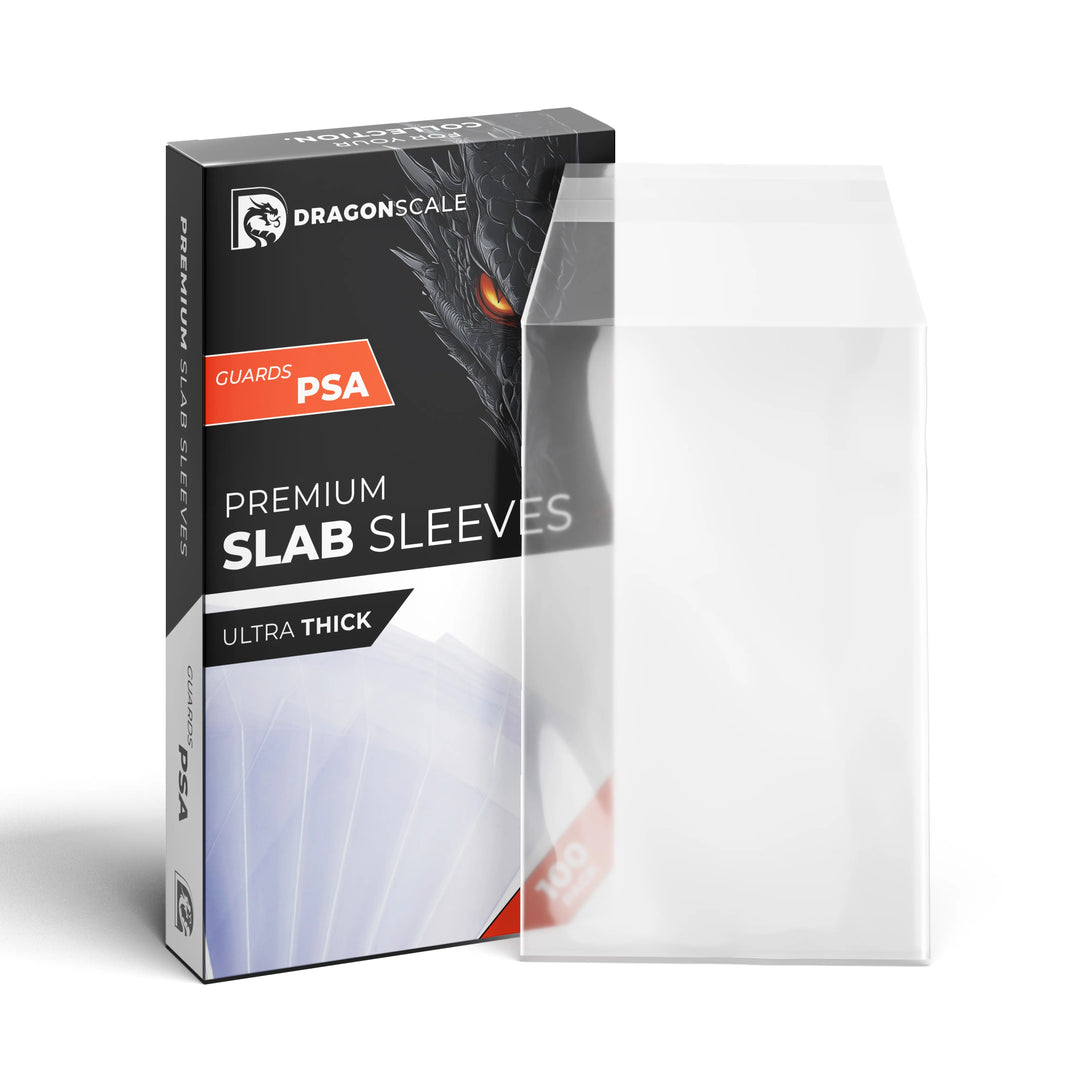 Dragonscale 100-pack PSA Guards (GPSA) slab sleeves with retail box shown beside a single clear sleeve.