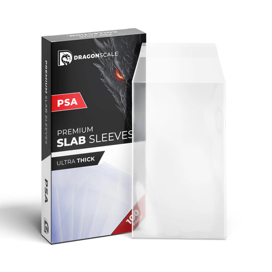 Dragonscale 100-pack PSA slab sleeves with retail box shown beside a single clear sleeve.