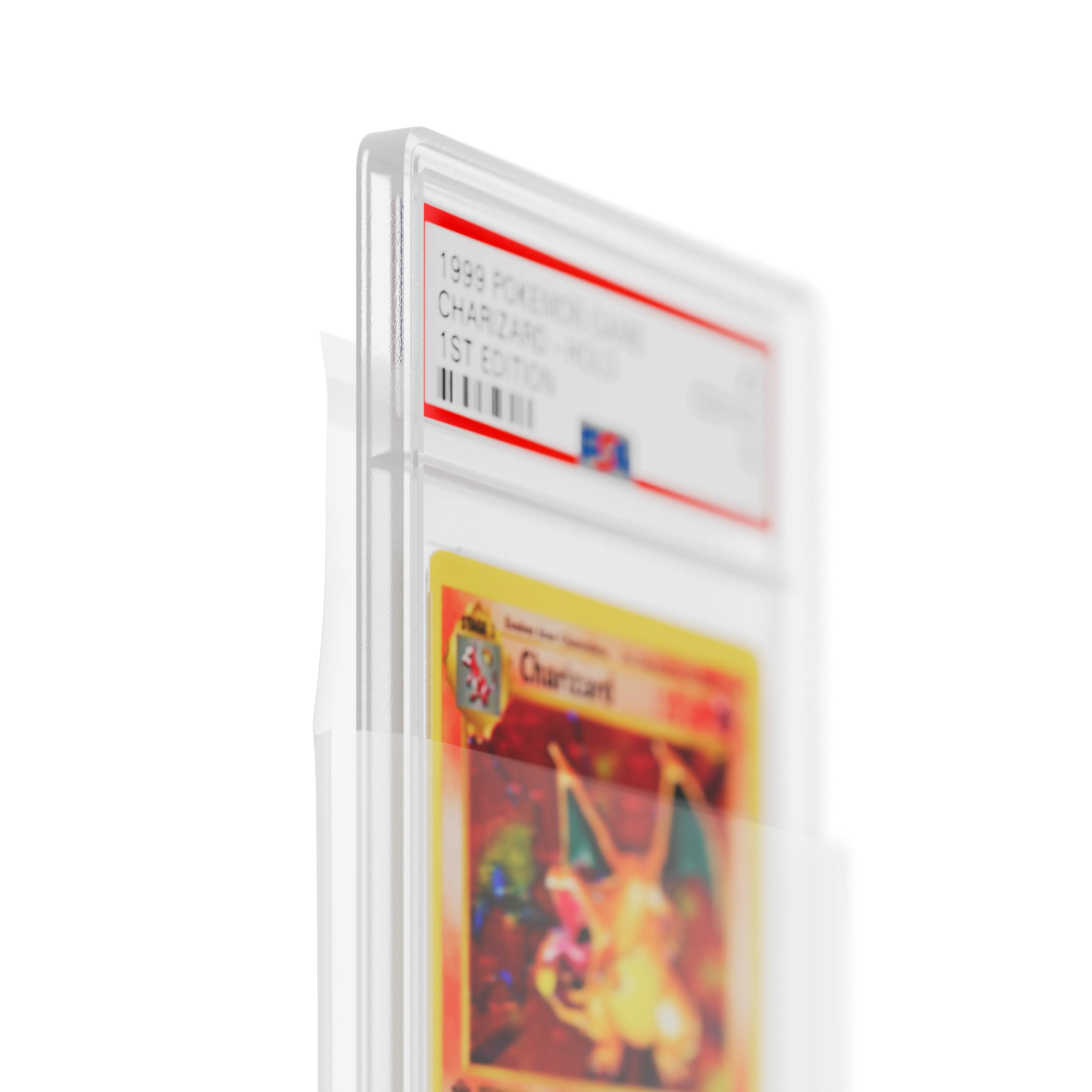 Close-up of 1st Edition Base Set Charizard PSA 10 slab being inserted into a clear Dragonscale PSA slab sleeve protector.