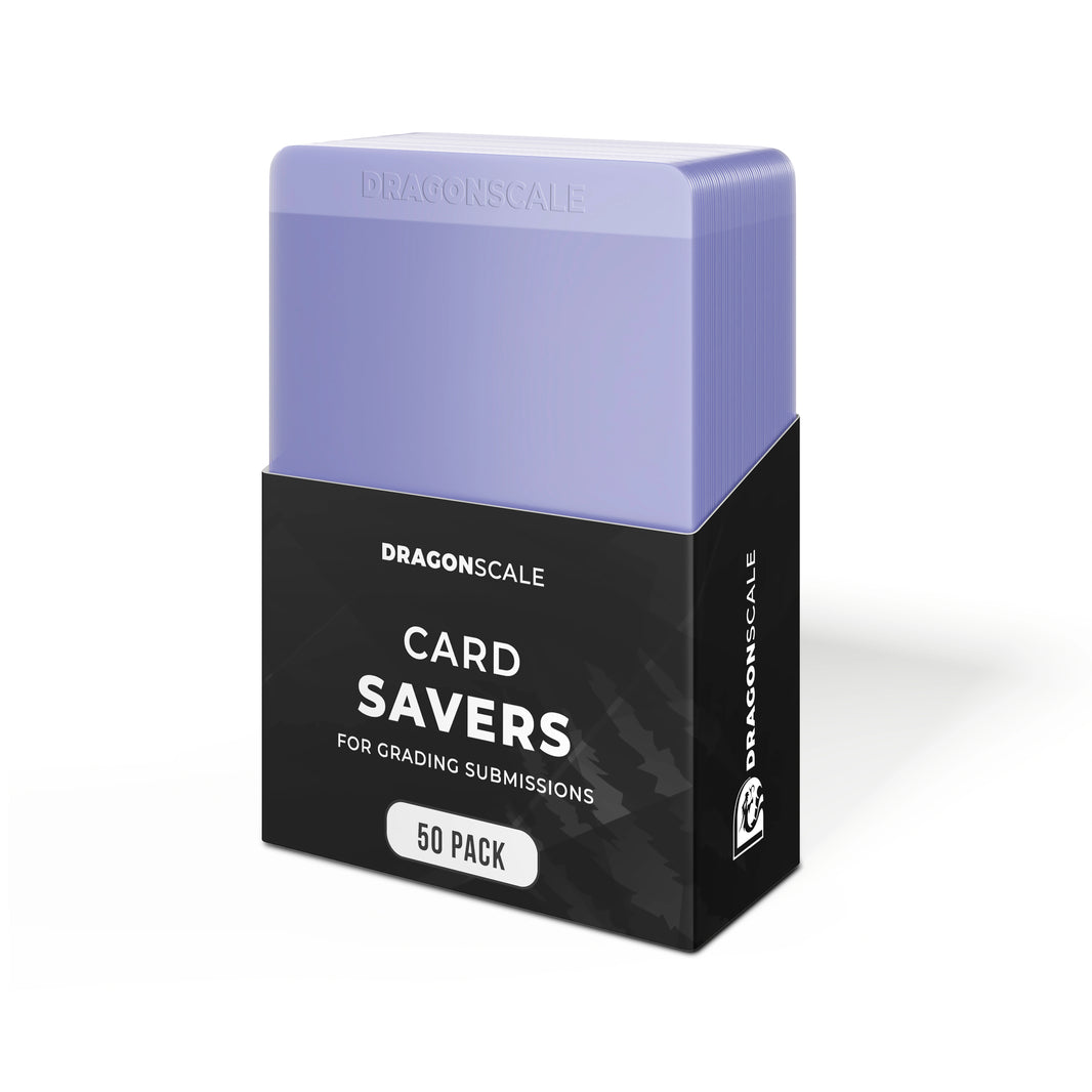Packaging view of the Dragonscale 50 pack Card Savers for Grading Submissions with Dragonscale packaging box and label.
