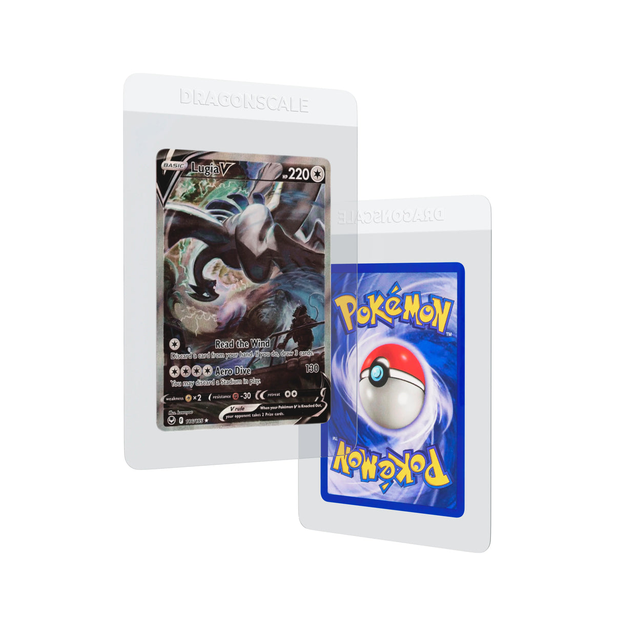Front and back duo view of a Dragonscale 50 pack Card Savers, featuring a Lugia V Silver Tempest  Pokemon card.
