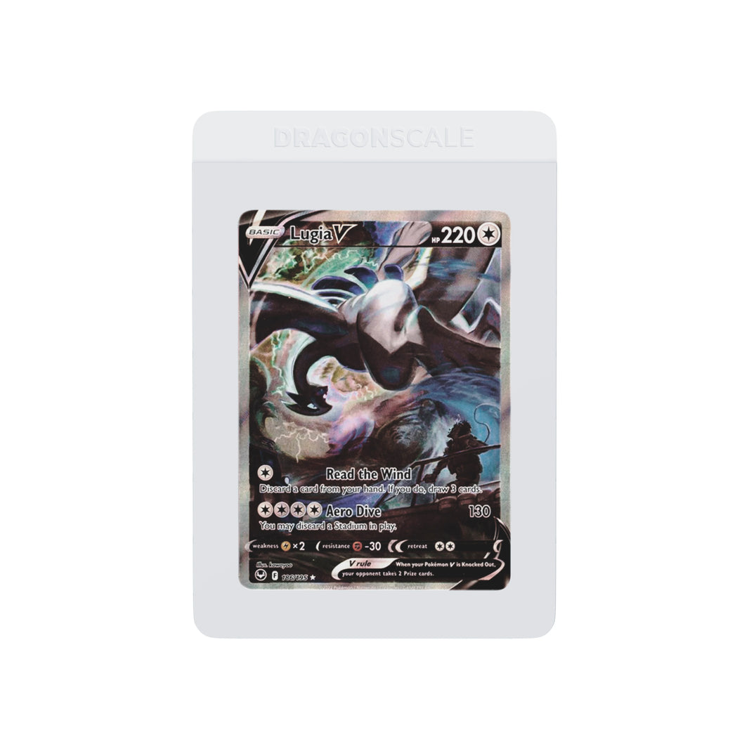Front-facing flat view of the Dragonscale 50 pack Card Savers, featuring a Lugia V Silver Tempest Pokemon card.
