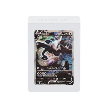 Front-facing flat view of the Dragonscale 50 pack Card Savers, featuring a Lugia V Silver Tempest Pokemon card.

