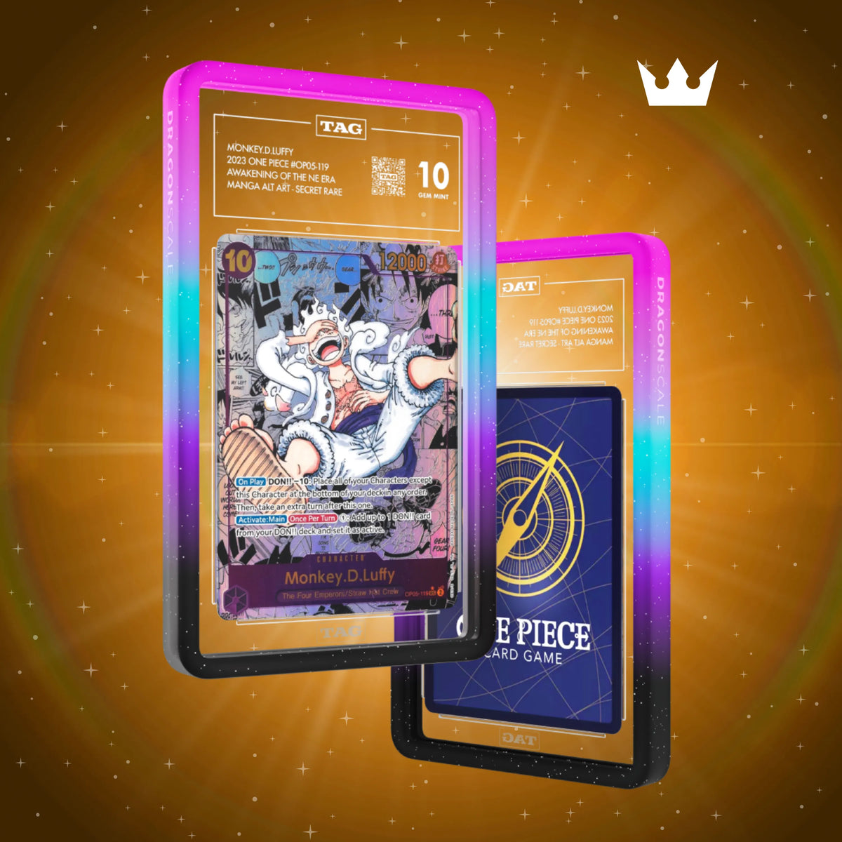 Front and back view of a TAG slab in Mythic Neotokyo Dragonscale bumper guard, featuring a Monkey D. Luffy Manga Alternate Art OP05-119 TAG 10 Pokemon card.