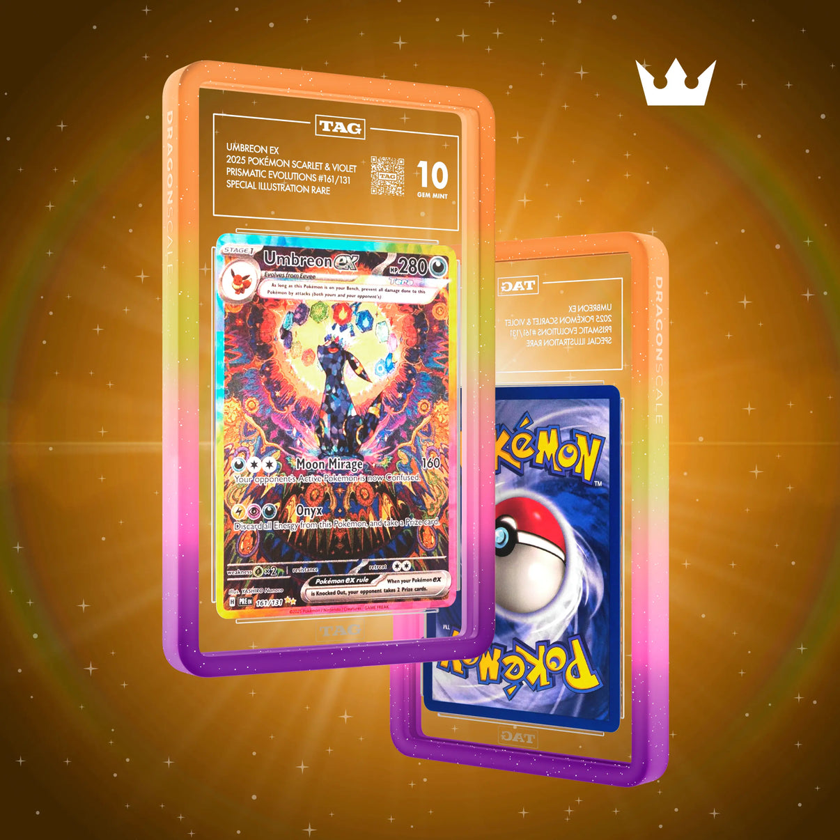 Front and back view of a TAG slab in Mythic Supernova Dragonscale bumper guard, featuring a Umbreon Ex Prismatic Evolution TAG 10 Pokemon card.