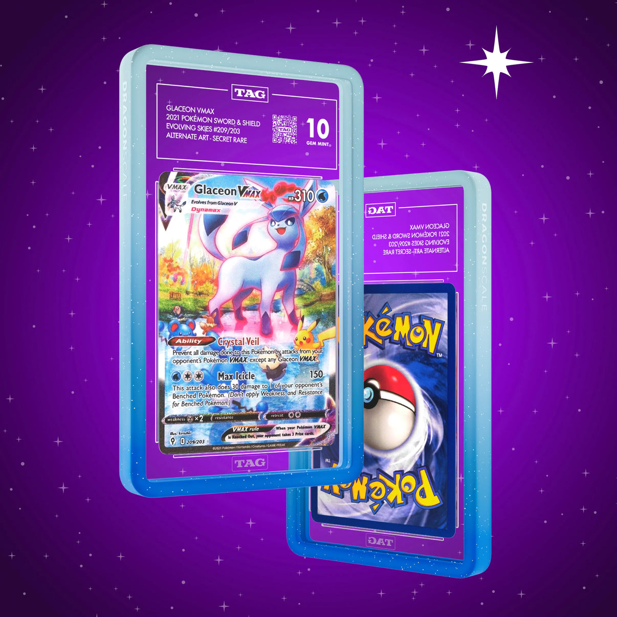 Front and back view of a TAG slab in Radiant Aqua Dragonscale bumper guard, featuring a Glaceon VMAX Evolving Skies TAG 10 Pokemon card.