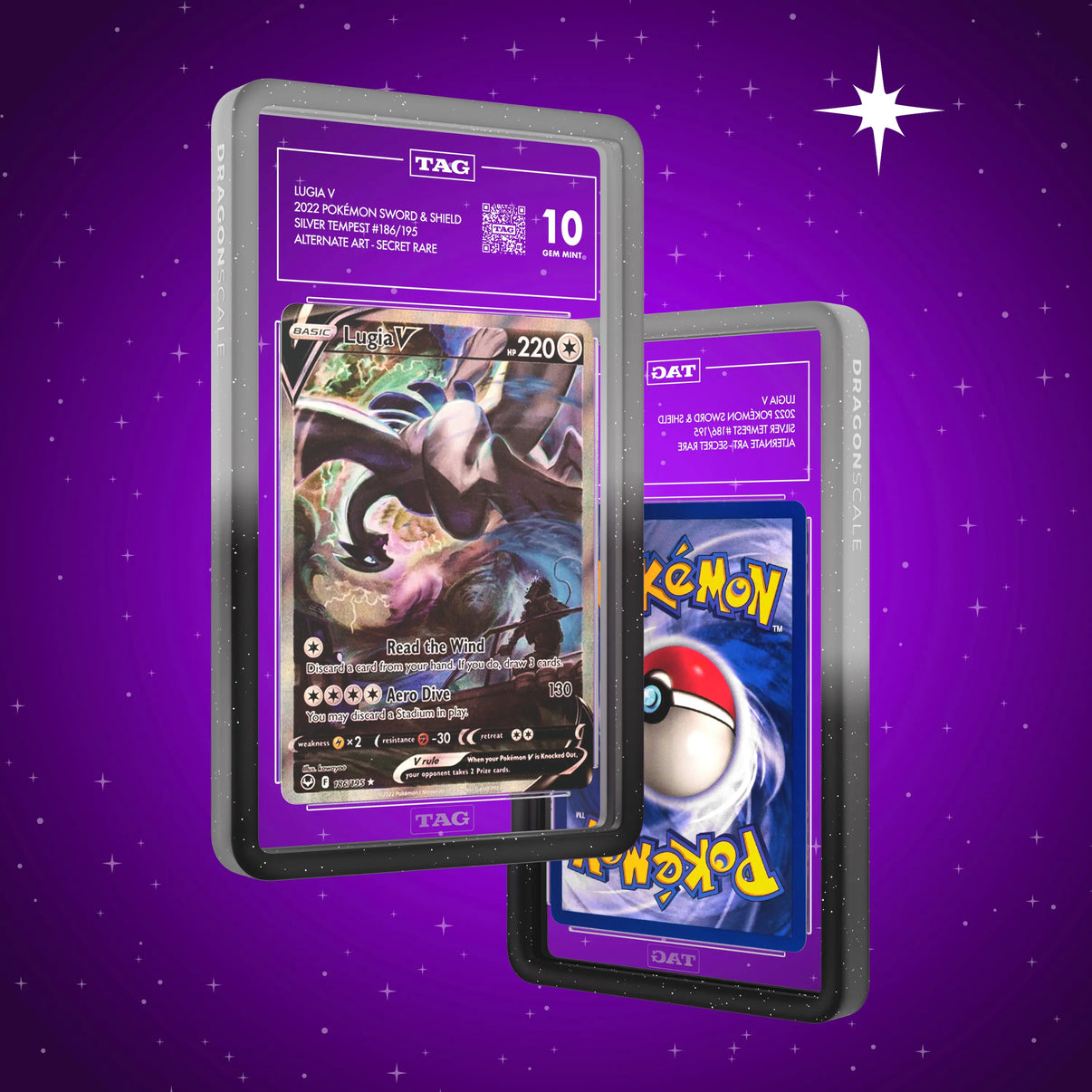 Front and back view of a TAG slab in Radiant Midnight Dragonscale bumper guard, featuring a Lugia V Silver Tempest TAG 10 Pokemon card.