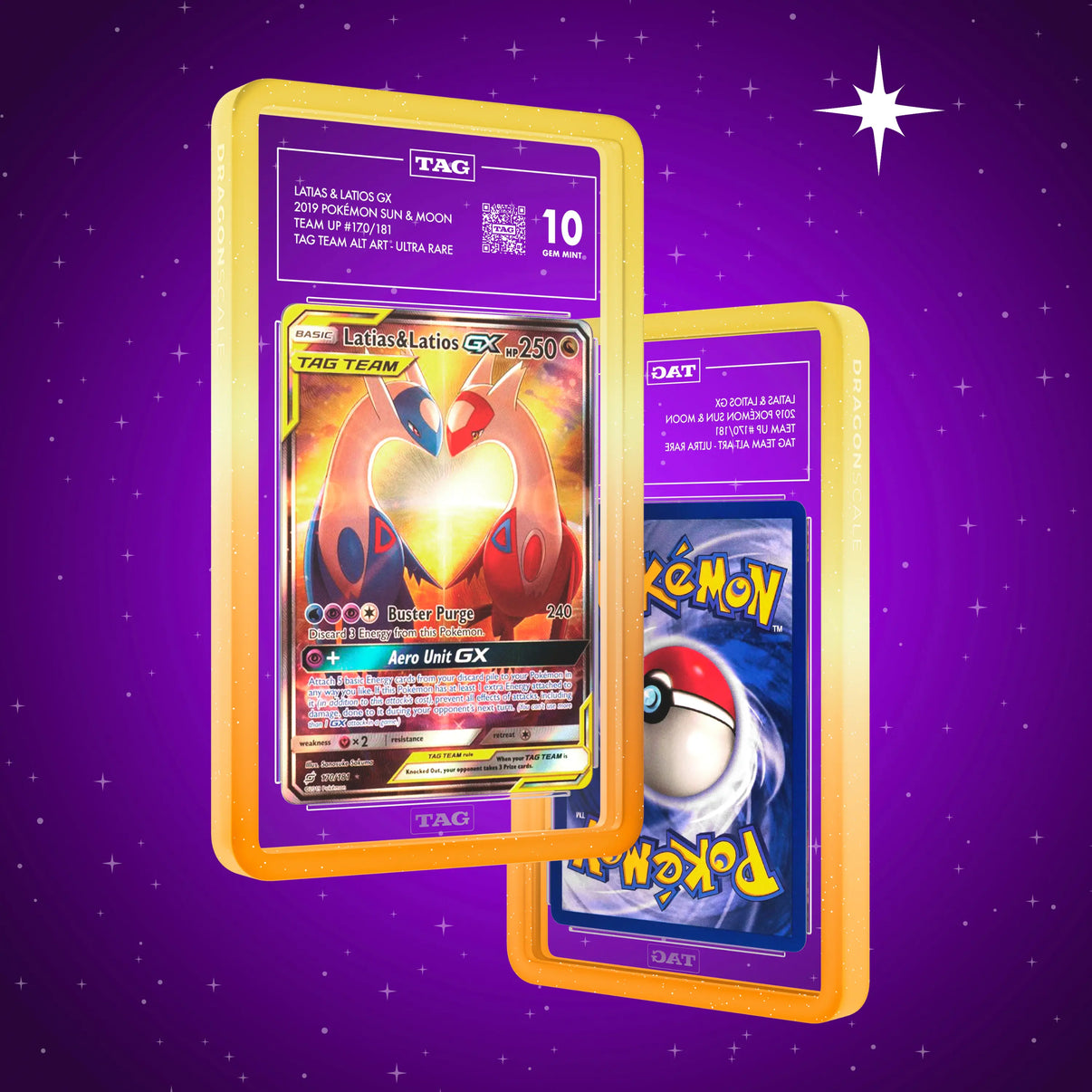 Front and back view of a TAG slab in Radiant Solar Dragonscale bumper guard, featuring a Latias & Latios Gx Sun & Moon Team Up TAG 10 Pokemon card.