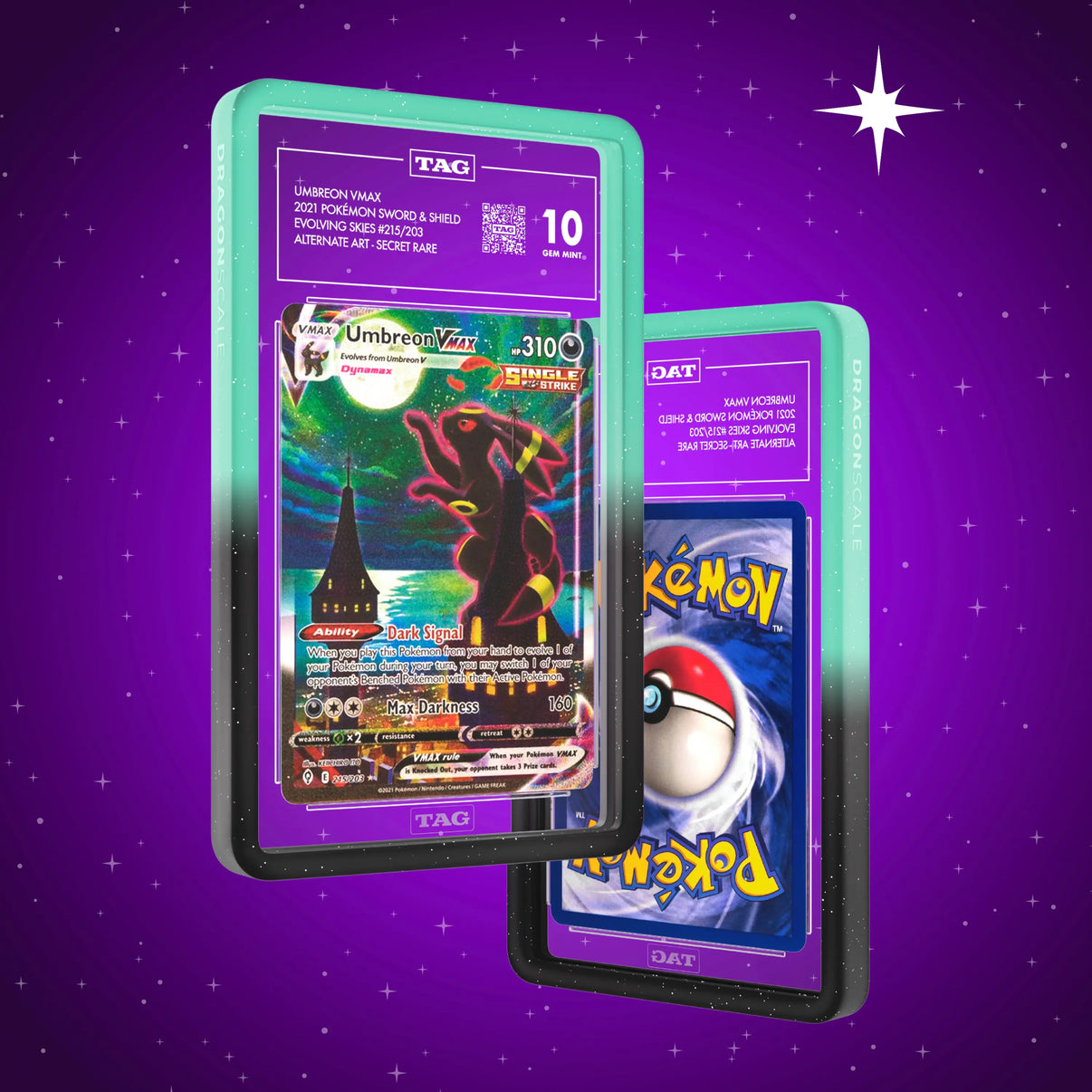 Front and back view of a TAG slab in Radiant Spectral Dragonscale bumper guard, featuring a Umbreon VMAX Evolving Skies TAG 10 Pokemon card.