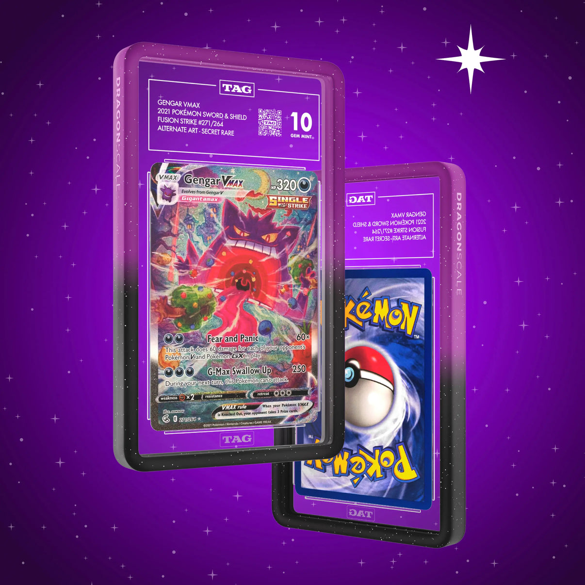 Front and back view of a TAG slab in Radiant Void Dragonscale bumper guard, featuring a Gengar VMAX Fusion Strike TAG 10 Pokemon card.
