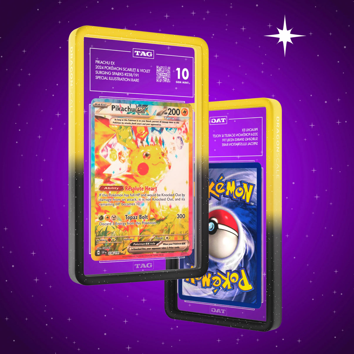 Front and back view of a TAG slab in Radiant Voltage Dragonscale bumper guard, featuring a Pikachu Ex Surging Sparks TAG 10 Pokemon card.