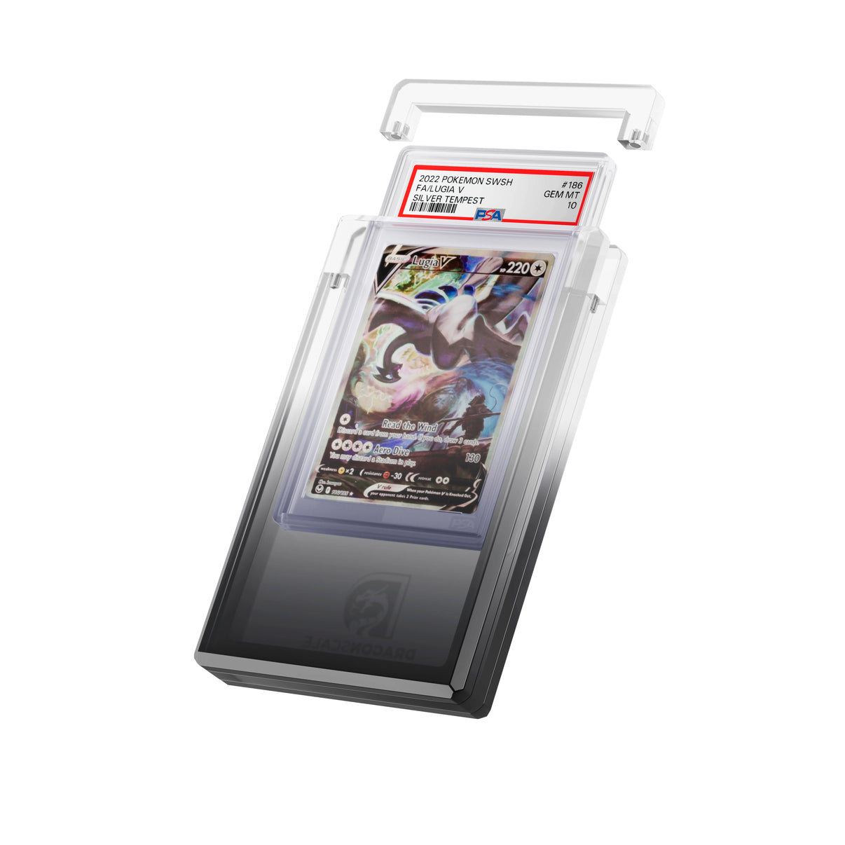 Angled display and demo view of the Dragonscale Wyrmgem Myst Onyx acrylic case, highlighting the acrylic lid and secure magnetic locks featuring a  Lugia V Sword & Shield: Silver Tempest PSA 10 Pokemon card.